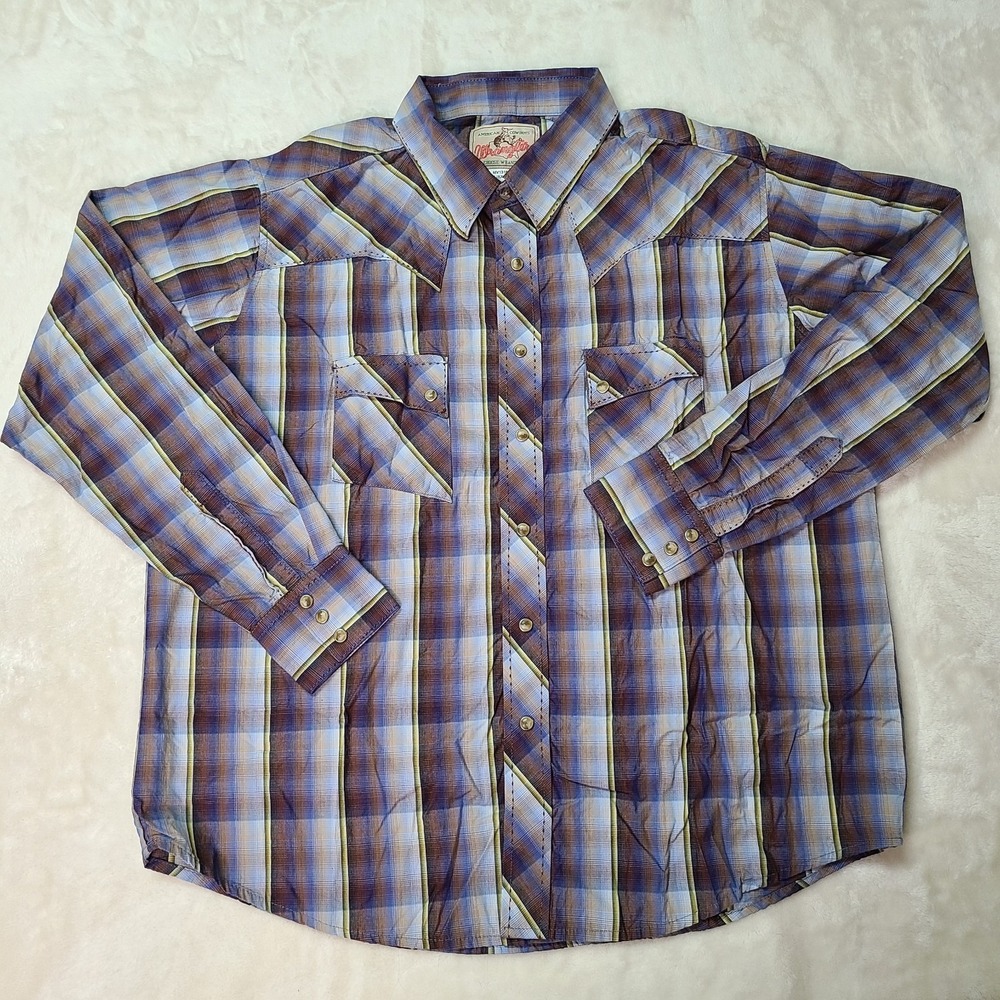 Wrangler American Cowboys Mens Blue Brown Plaid Western Pearl Snap Shirt XL